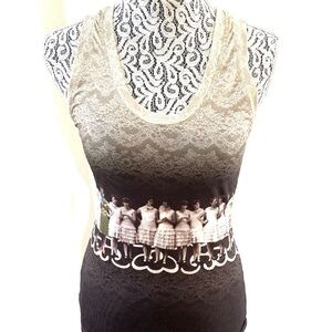 Black and Cream Lace Tank Top with Vintage Print